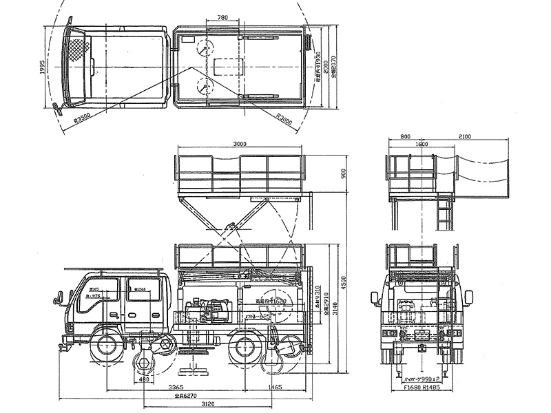 垂直作業台付Wキャブ軌陸車　主要寸法図2
